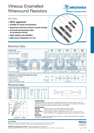 W21 datasheet - Vitreous Enamelled Wirewound Resistors