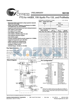 W211B datasheet - FTG for 440BX, VIA Apollo Pro-133, and ProMedia