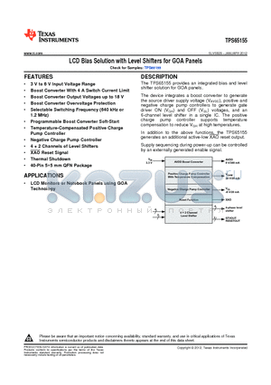 TPS65155RKPR datasheet - LCD Bias Solution with Level Shifters for GOA Panels