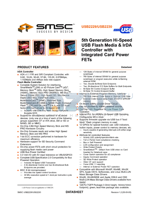 USB2229 datasheet - 5TH GENERATION HI-SPEED USB FLASH MEDIA & IrDA CONTROLLER WITH INTEGRATED CARD POWER FETs