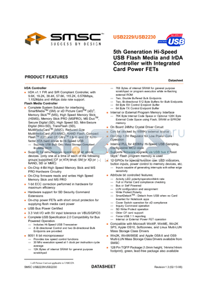 USB2229 datasheet - 5th Generation Hi-Speed USB Flash Media and IrDA Controller with Integrated Card Power FETs