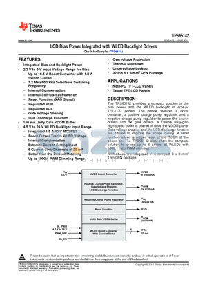 TPS65142 datasheet - LCD Bias Power Integrated with WLED Backlight Drivers