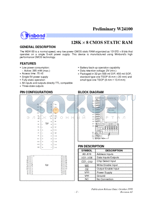 W24100-70LL datasheet - 128K X 8 CMOS STATIC RAM