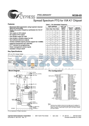 W230-03 datasheet - Spread Spectrum FTG for VIA K7 Chipset