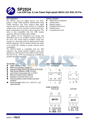 SP2524XS35RG datasheet - Low ESR Cap. & Low Power High-speed CMOS LDO With CE Pin