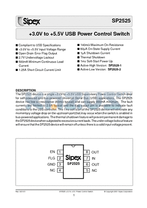 SP2525 datasheet - 3.0V to 5.5V USB Power Control Switch