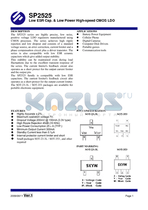 SP2525 datasheet - Low ESR Cap. & Low Power High-speed CMOS LDO