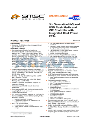 USB2231 datasheet - 5th GENERATION HI-SPEED USB FLASH MEDIA AND CIR CONTROLLER WITH INTEGRATED CARD POWER FETs