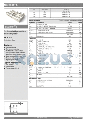 SK80DTA08 datasheet - 3-phase bridge rectifier series thyristor