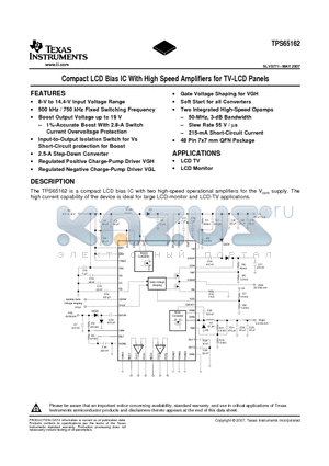 TPS65162RGZR datasheet - Compact LCD Bias IC With High Speed Amplifiers for TV-LCD Panels