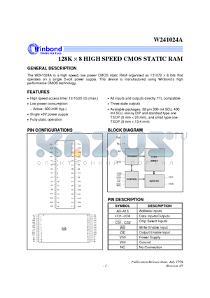 W241024AT-12 datasheet - 128L X 8 HIGH SPEED CMOS STATIC RAM