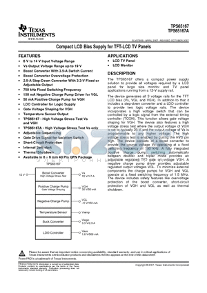 TPS65167RHAT datasheet - Compact LCD Bias Supply for TFT-LCD TV Panels