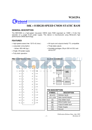 W24129A-15 datasheet - 16K X 8 HIGH-SPEED CMOS STATIC RAM