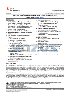 TPS65180 datasheet - PMIC FOR E Ink^ Vizplex ENABLED ELECTRONIC PAPER DISPLAY