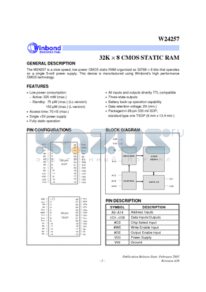 W24257 datasheet - 32K X 8 CMOS STATIC RAM