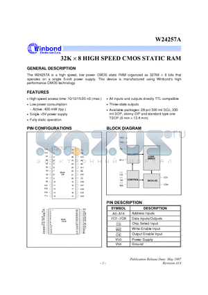 W24257A-12 datasheet - 32K X 8 High Speed CMOS Static RAM