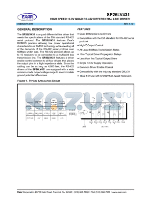 SP26LV431 datasheet - HIGH SPEED 3.3V QUAD RS-422 DIFFERENTIAL LINE DRIVER