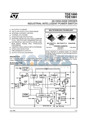 TDE1890V datasheet - 2A HIGH-SIDE DRIVER INDUSTRIAL INTELLIGENT POWER SWITCH