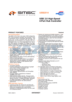 USB2503 datasheet - USB 2.0 High-Speed 4-Port Hub Controller