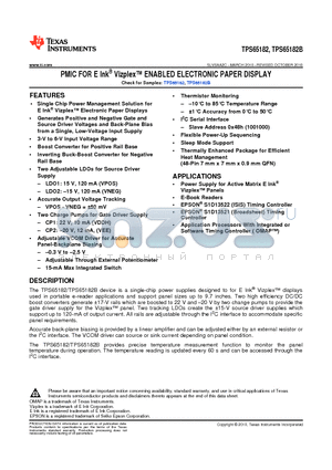 TPS65182 datasheet - PMIC FOR E Ink Vizplex ENABLED ELECTRONIC PAPER DISPLAY