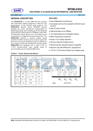 SP26LV432 datasheet - HIGH SPEED 3.3V QUAD RS-422 DIFFERENTIAL LINE RECEIVER