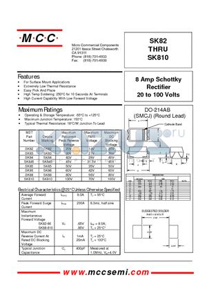 SK83 datasheet - 8 Amp Schottky Rectifier 20 to 100 Volts