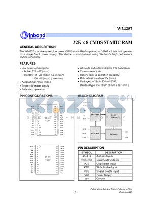 W24257Q-70L datasheet - 32K X 8 CMOS STATIC RAM