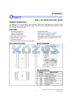 W24258-55LL datasheet - 32K X 8 CMOS STATIC RAM