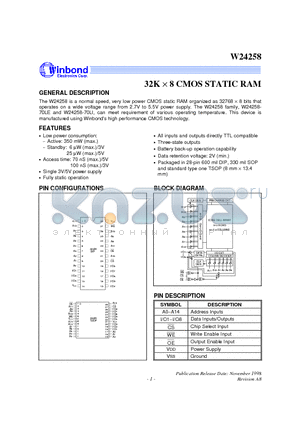 W24258H datasheet - 32K X 8 CMOS STATIC RAM