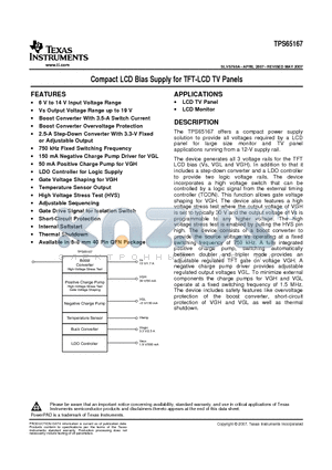 TPS65167 datasheet - Compact LCD Bias Supply for TFT-LCD TV Panels