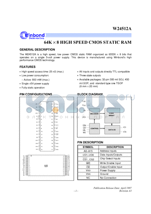 W24512 datasheet - 64K X 8 HIGH SPEED CMOS STATIC RAM