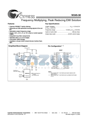 W245-30H datasheet - Frequency Multiplying, Peak Reducing EMI Solution