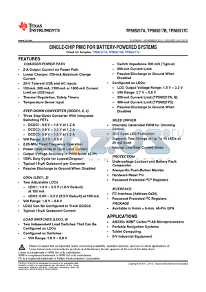 TPS65217B datasheet - SINGLE-CHIP PMIC FOR BATTERY-POWERED SYSTEMS