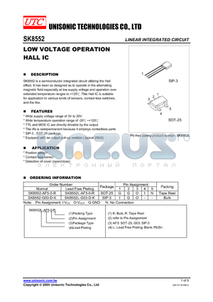 SK8552 datasheet - LOW VOLTAGE OPERATION HALL IC