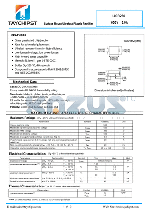 USB260 datasheet - Surface Mount Ultrafast Plastic Rectifier