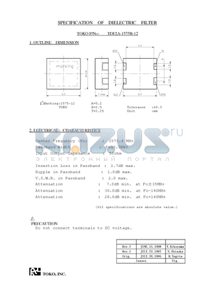 TDF2A-1575B-12 datasheet - SPECIFICATION OF DIELECTRIC FILTER