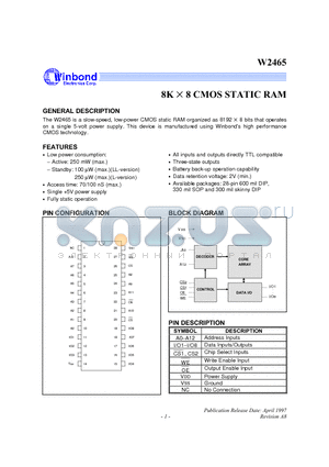 W2465 datasheet - 8K X 8 CMOS STATIC RAM