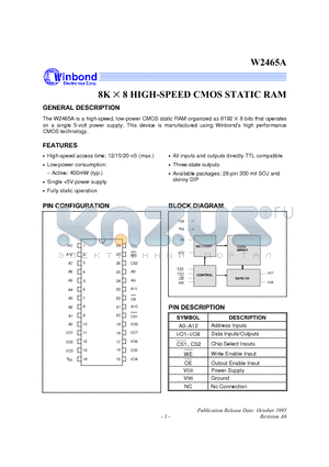 W2465A-20 datasheet - 8K X 8 High Speed CMOS Static RAM