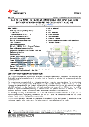 TPS65252 datasheet - 4.5-V TO 16-V INPUT, HIGH CURRENT, SYNCHRONOUS STEP DOWN DUAL BUCK SWITCHER WITH INTEGRATED FET AND ONE USB SWITCH AND SVS