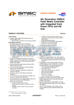 USB2602 datasheet - 4TH GENERATION USB2.0 FLASH MEDIA CONTROLLER WITH INTEGRATED CARD POWER FETS AND HS HUB