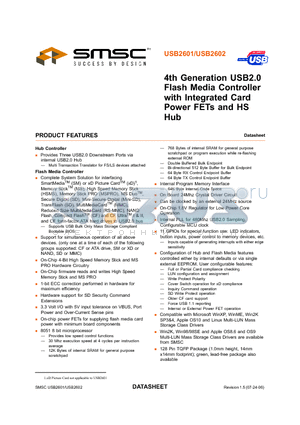 USB2602 datasheet - 4th Generation USB2.0 Flash Media Controller with Integrated Card Power FETs and HS Hub