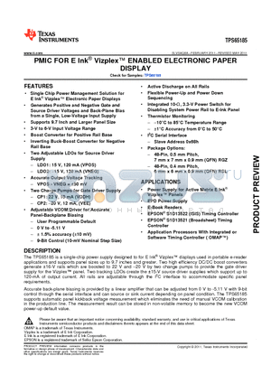 TPS65185RGZT datasheet - PMIC FOR E Ink Vizplex ENABLED ELECTRONIC PAPER
