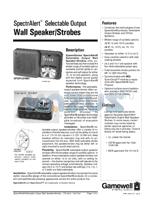 SP2W41224MC datasheet - Wall Speaker/Strobes