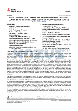 TPS65257RHAR datasheet - 4.5-V TO 16-V INPUT, HIGH CURRENT, SYNCHRONOUS STEP DOWN THREE DC-DC CONVERTER WITH INTEGRATED FET, USB SWITCH AND PUSH BUTTON CONTROL