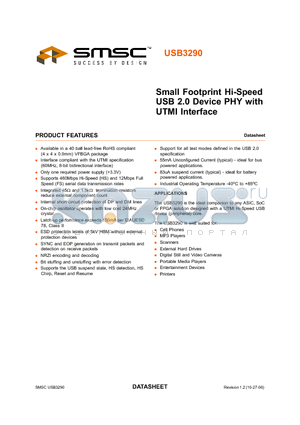 USB3290 datasheet - Small Footprint Hi-Speed USB 2.0 Device PHY with UTMI Interface
