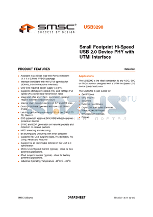 USB3290 datasheet - Small Footprint Hi-Speed USB 2.0 Device PHY with UTMI Interface