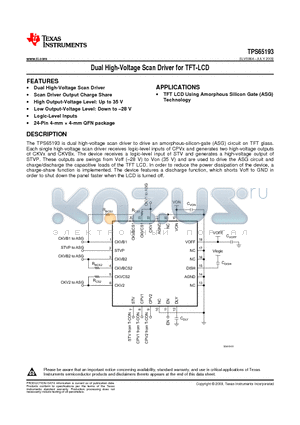 TPS65193RGE datasheet - Dual High-Voltage Scan Driver for TFT-LCD