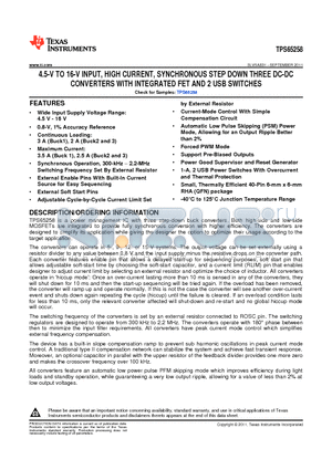 TPS65258RHAR datasheet - 4.5-V TO 16-V INPUT, HIGH CURRENT, SYNCHRONOUS STEP DOWN THREE DC-DC CONVERTERS WITH INTEGRATED FET AND 2 USB SWITCHES