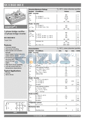 SK8BGD065E datasheet - 1-phase bridge rectifier 3-phase bridge inverter