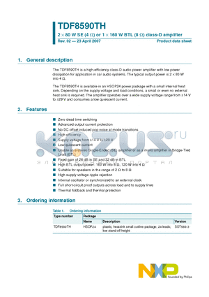 TDF8590TH datasheet - 2 X 80 W SE (4 OHM) or 1 X 160 W BTL (8 OHM) class-D amplifier